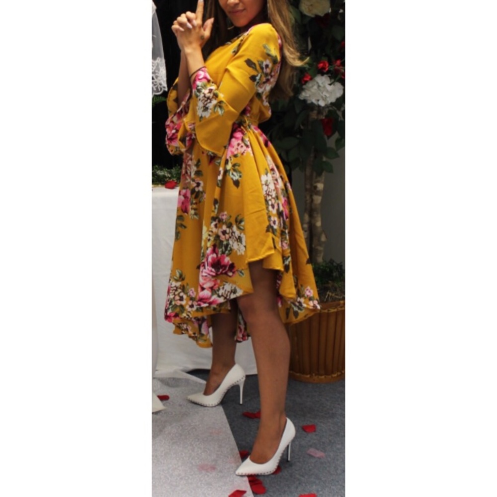 Mustard Floral Print Dress w/Matching Belt